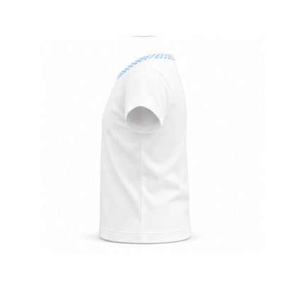 White t-shirt with blue accents on a white background