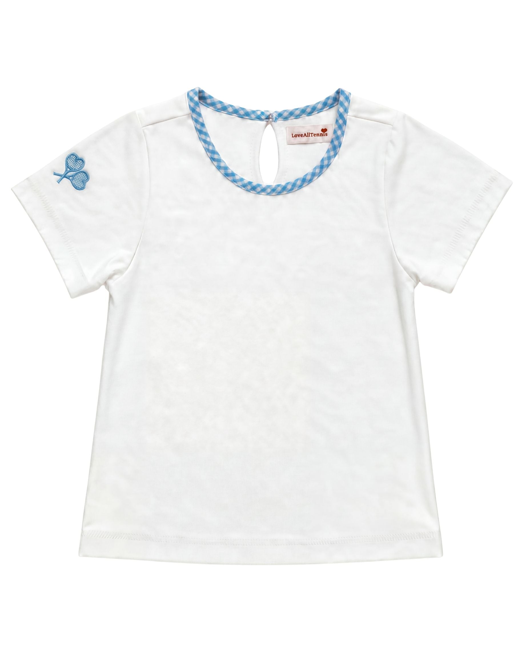 A white short-sleeve baby tee with a blue braided trim around the crew neck and a small blue crossed heart tennis rackets graphic on the left sleeve, shown flat on a white background.