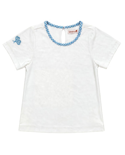 A white short-sleeve baby tee with a blue braided trim around the crew neck and a small blue crossed heart tennis rackets graphic on the left sleeve, shown flat on a white background.