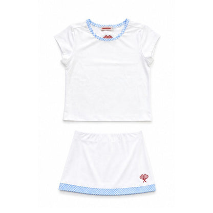 White tennis outfit with blue trim on a white background