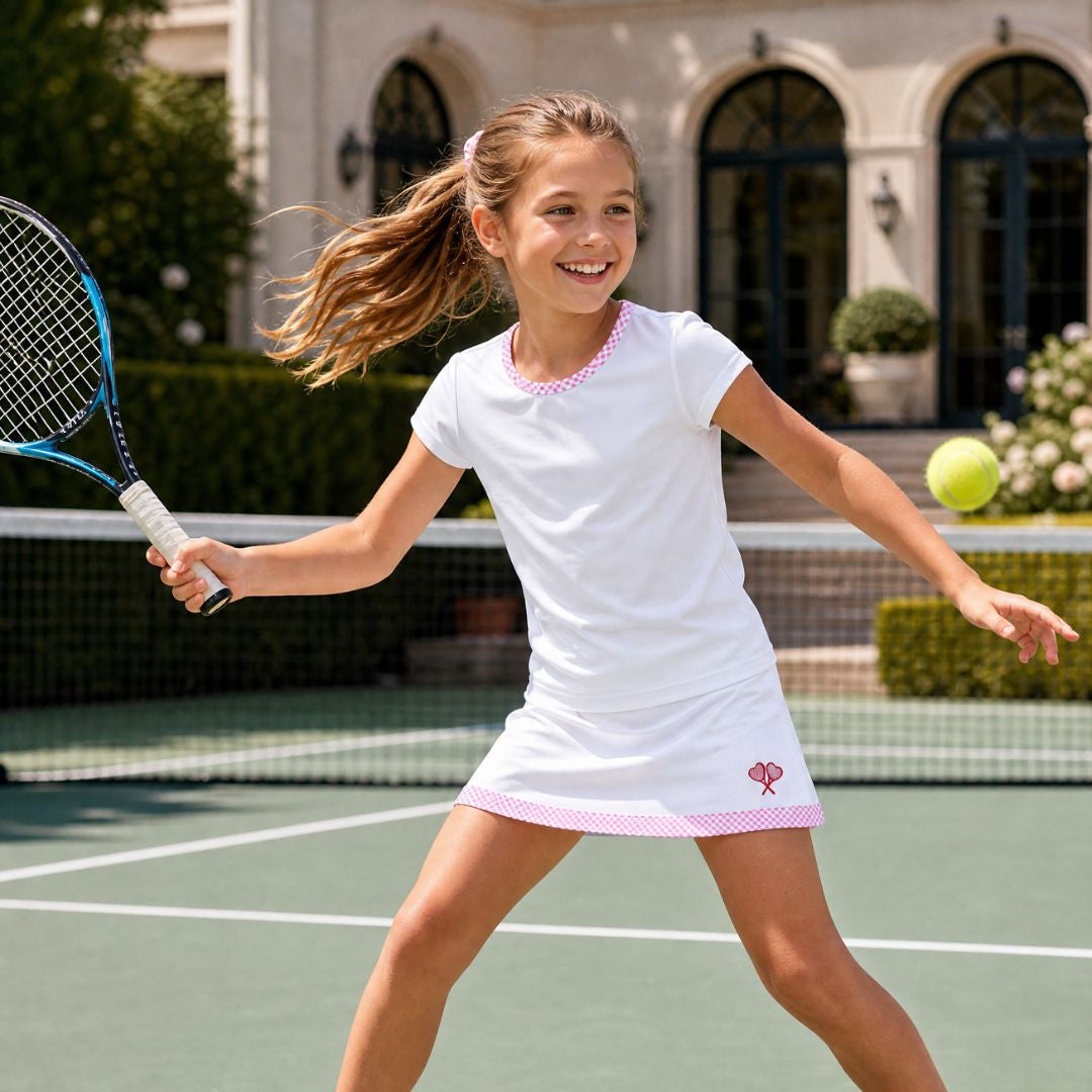Young girl playing tennis on a court with a building in the background