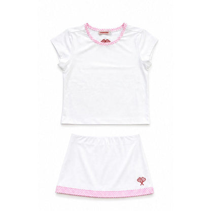 White outfit with pink accents on a white background