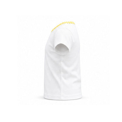 White t-shirt with yellow trim on a white background