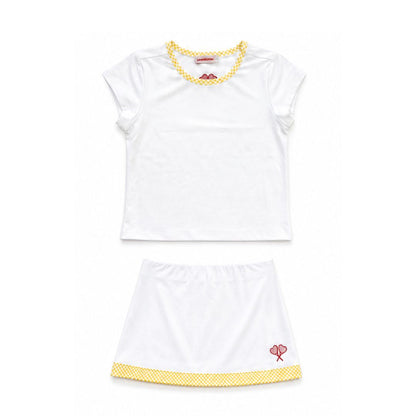 White tennis outfit with yellow accents on a white background