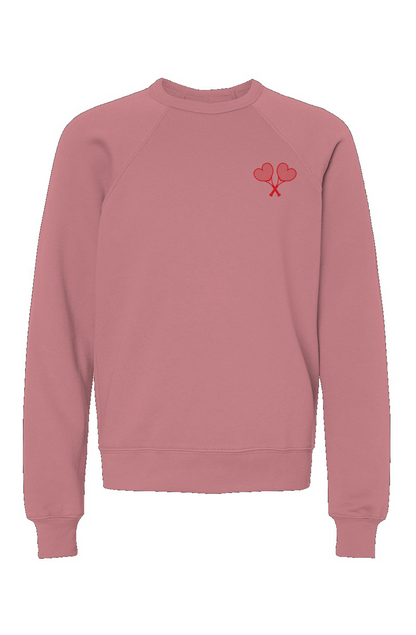 Mauve sweatshirt with red logo on flat white background
