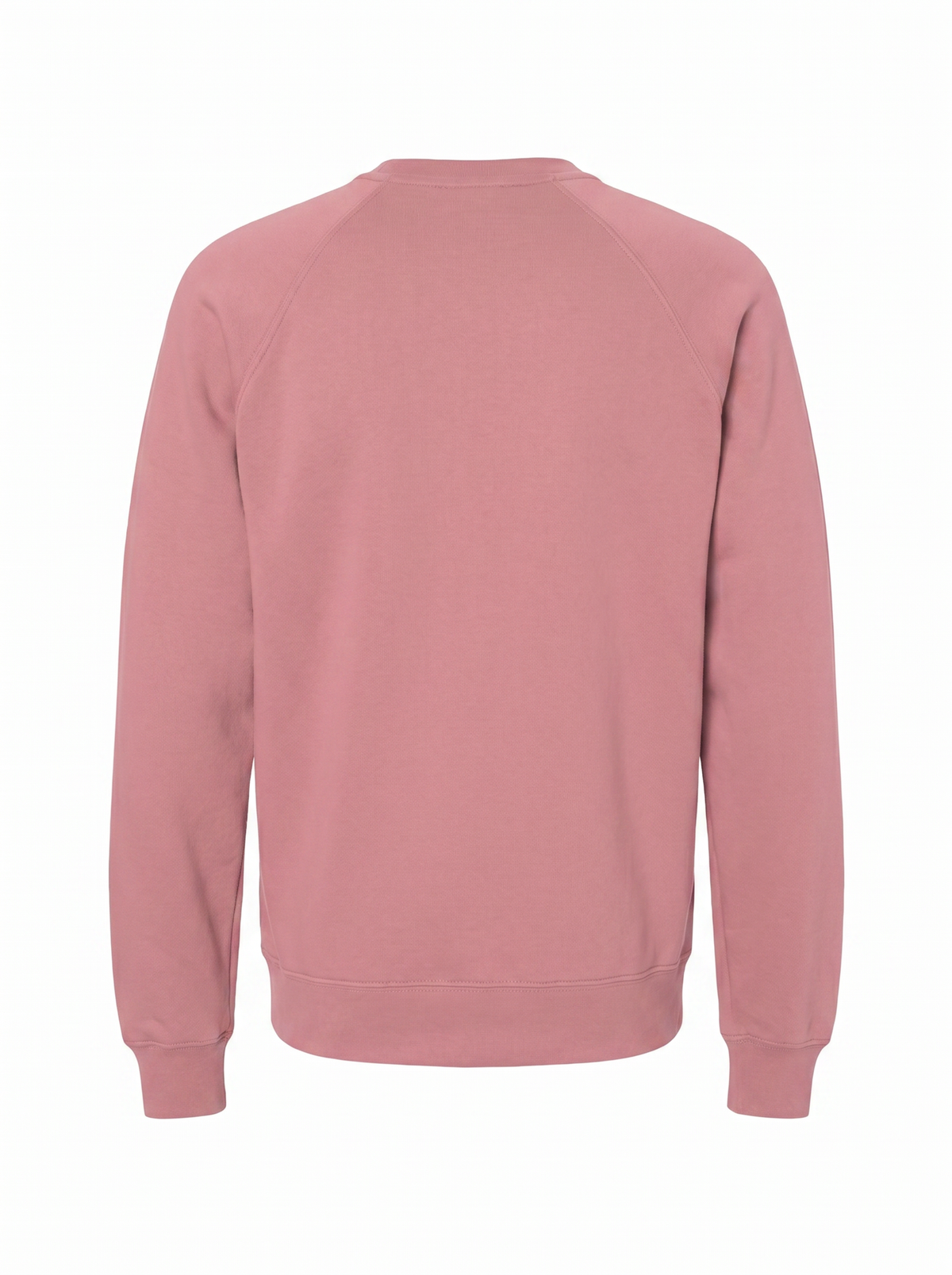 A dusty rose pink crewneck sweatshirt shown from the back, featuring raglan sleeves and ribbed cuffs and hem, displayed on a clean white background.