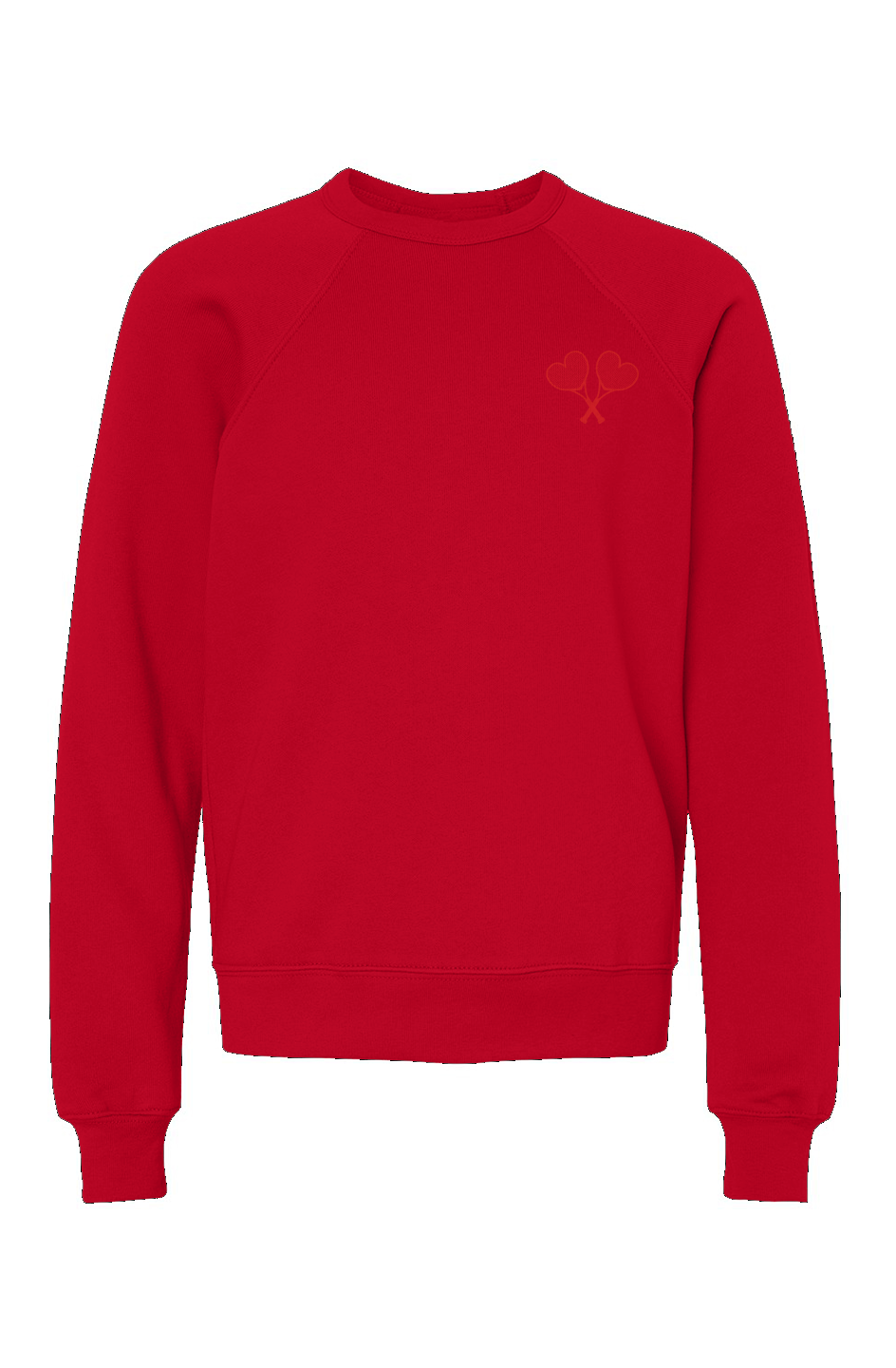 Red sweatshirt with red logo on flat white background