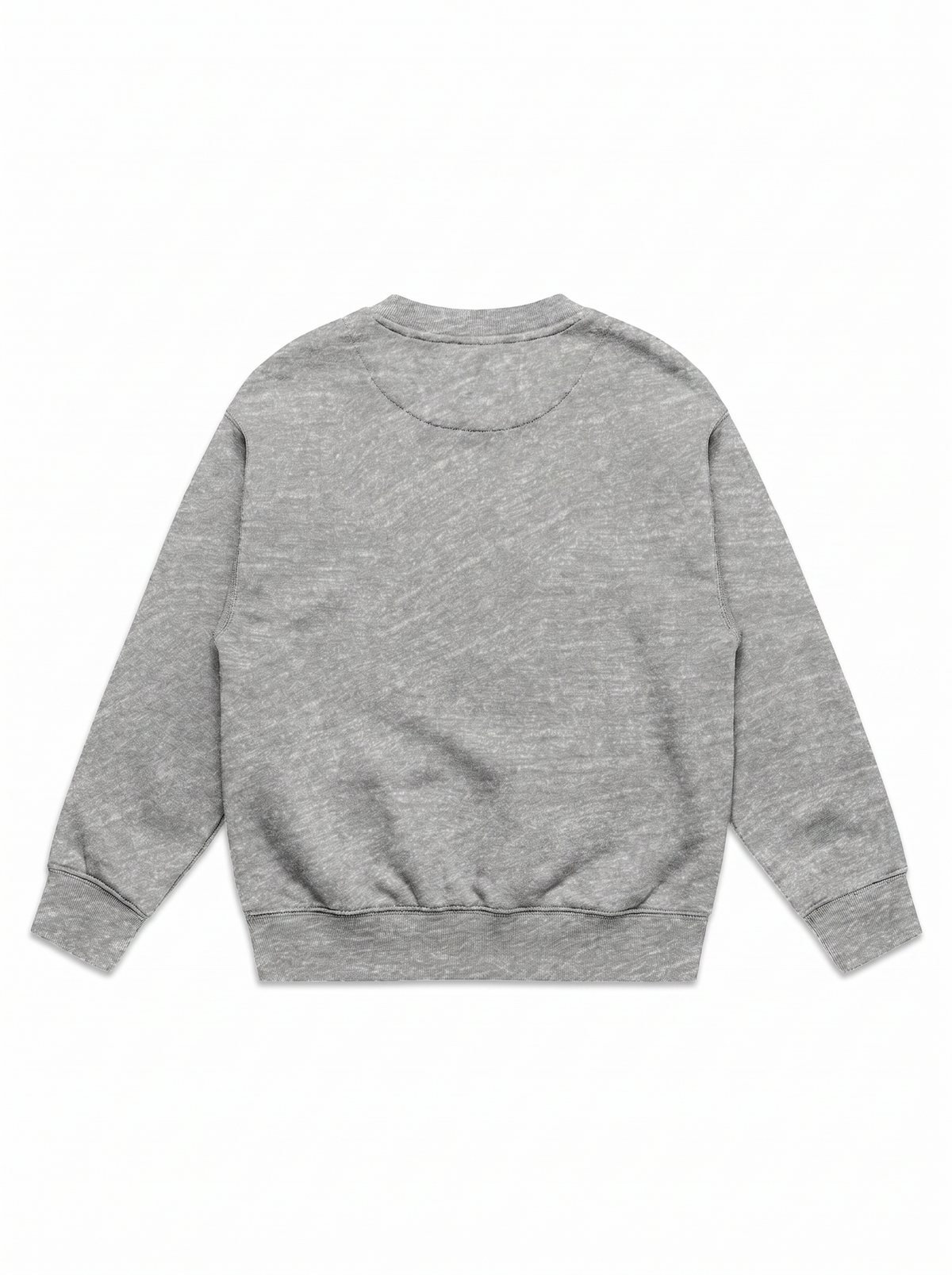 A heather gray crewneck sweatshirt shown from the back, laid flat against a solid white background.