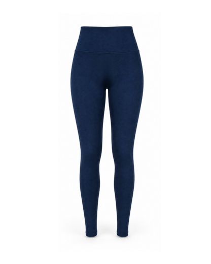 A pair of high-waisted navy blue leggings shown on a headless mannequin against a plain white background.