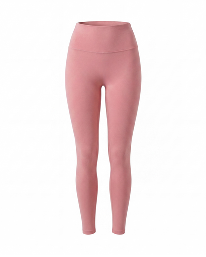 A pair of high-waisted, full-length leggings in a dusty rose pink color, shown on a plain white background.