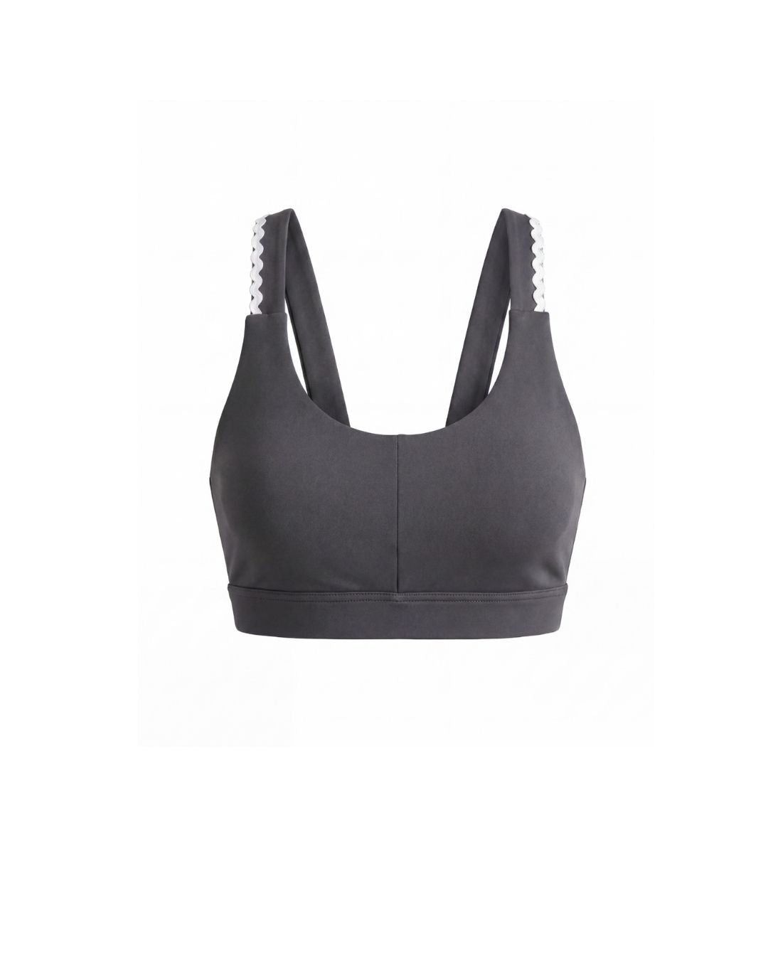 Gray sports bra with white trim on a white background