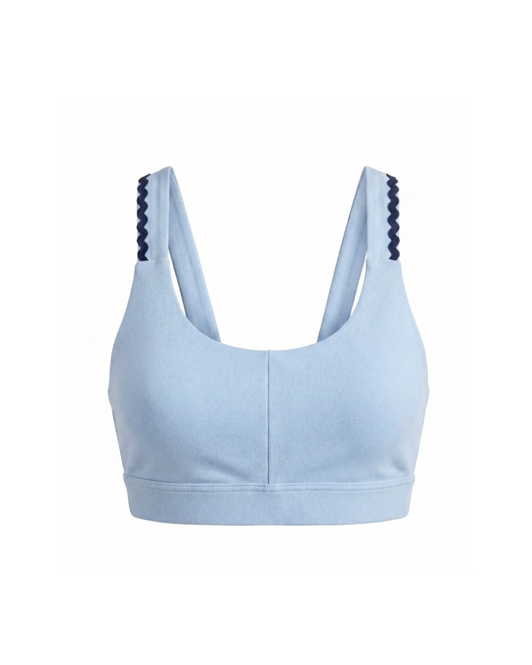 Light blue sports bra with navy accents on a white background