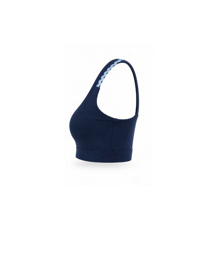 Navy sports bra on flat white background