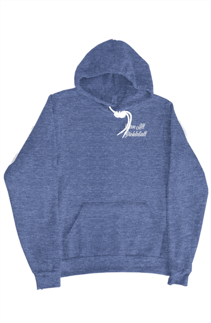 Blue hoodie with white designs on a white background