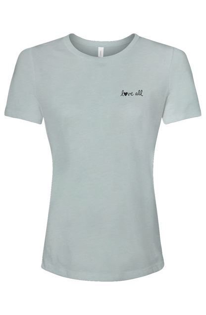 Dusty blue t-shirt with the text "love all" in black set against a white background