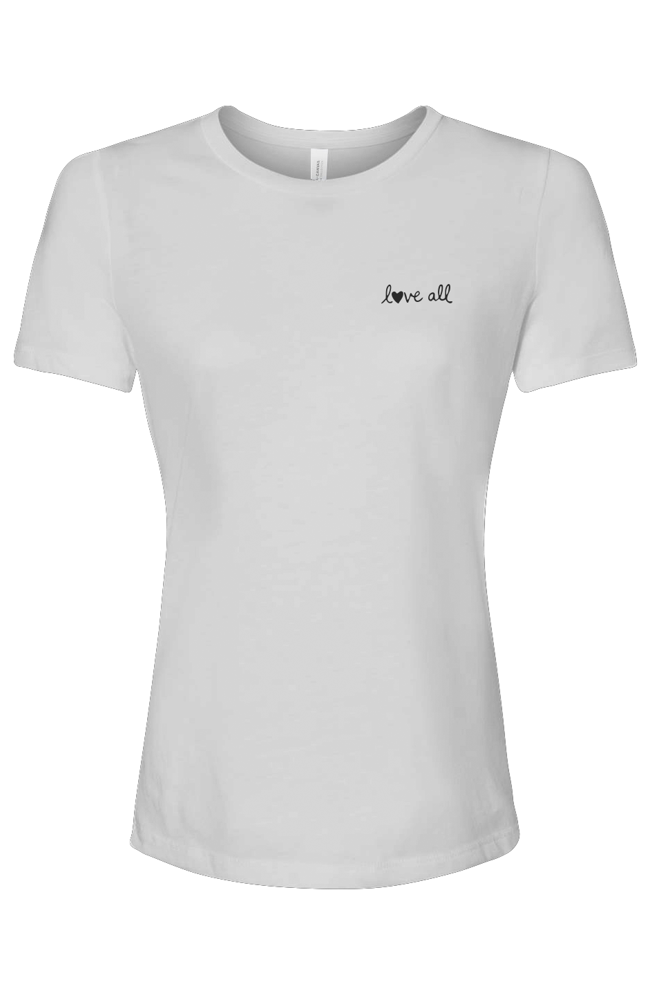White t-shirt with "love all" in black on the chest set against a flat white background