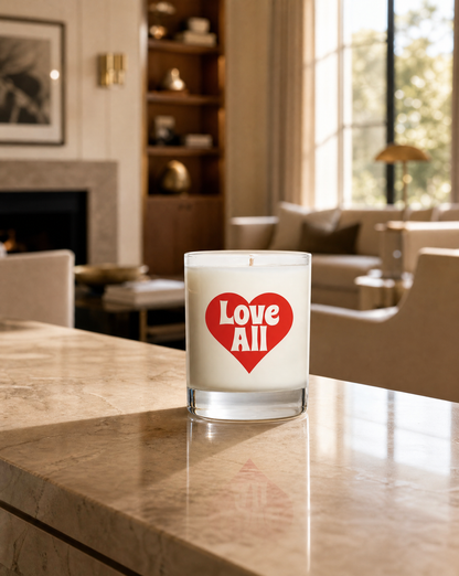 A white candle in a clear glass jar sits on a polished marble countertop in a warm, modern living room. The front of the candle features a red heart graphic with the words 'Love All' in white.