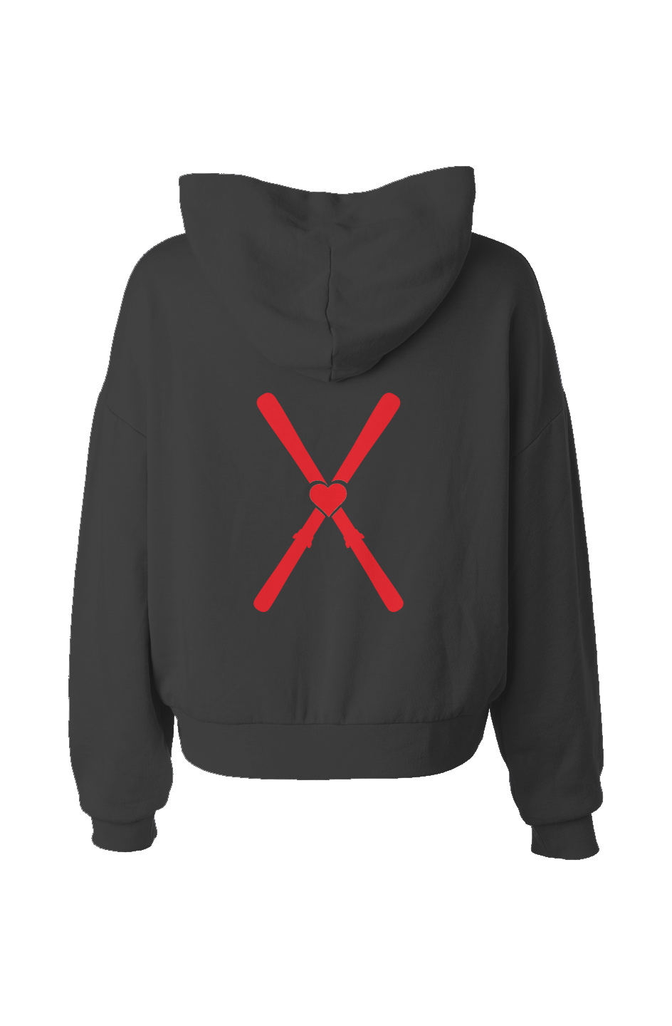 Black hoodie with a red graphic on the back against a white background