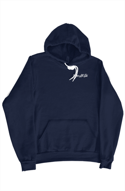 Blue hoodie with white and white designs on a white background