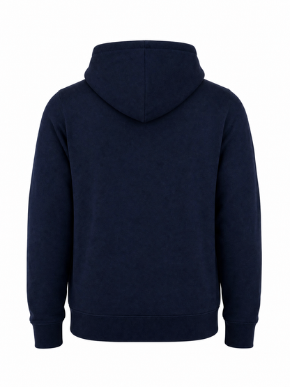 A dark navy blue hooded sweatshirt shown from the back, photographed against a solid white background.