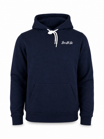 A navy blue pullover hoodie with white drawstrings and a small white script logo on the left chest reading 'Love All Ski'.