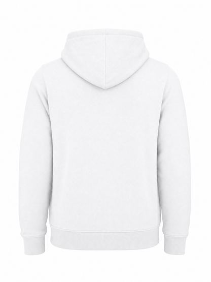 A plain white pullover hoodie shown from the back, photographed on a clean white background.