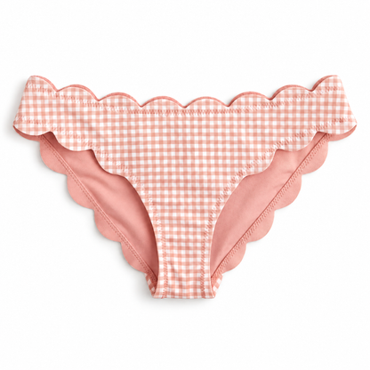 Pink and white gingham check bikini bottoms with a scalloped edge, shown flat against a white background.