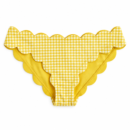 Yellow and white gingham bikini bottom with a scalloped waistband and leg openings, shown flat against a white background.
