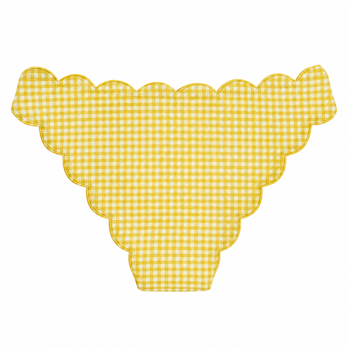 Yellow and white gingham patterned swimsuit bottoms with a scalloped edge, shown flat against a white background.