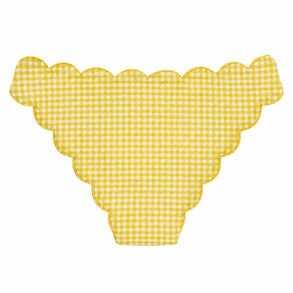 Yellow and white gingham patterned swimsuit bottoms with a scalloped edge, shown flat against a white background.