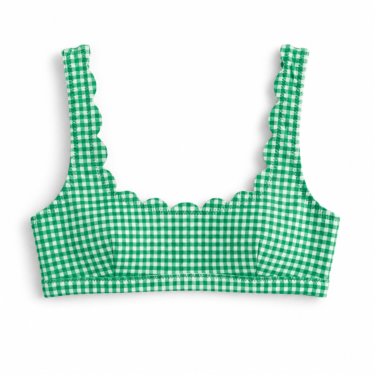 Green and white gingham check bikini top with scalloped straps and neckline, shown flat on a white background.