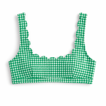 Green and white gingham check bikini top with scalloped straps and neckline, shown flat on a white background.