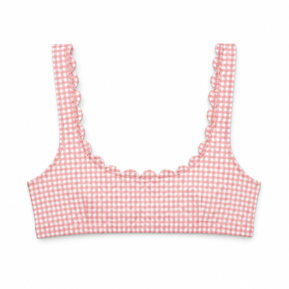A pink and white gingham check bikini top with scalloped trim along the neckline and straps, shown flat against a white background.