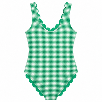 A green and white gingham check one-piece swimsuit with scalloped trim along the neckline, armholes, and crotch, shown flat against a white background.