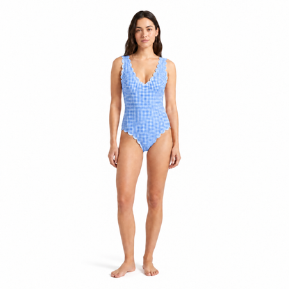 Blue and white gingham one-piece swimsuit shown on a model with a white background