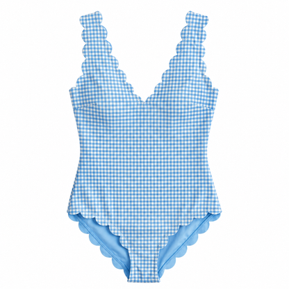 A light blue and white gingham one-piece swimsuit with scalloped edges on the shoulders and bottom, displayed against a solid white background.