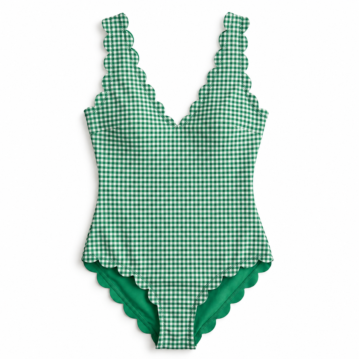 A green and white gingham one-piece swimsuit with scalloped edges, shown flat against a white background.