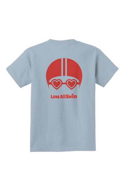 Light blue t-shirt with red swim cap and goggles graphic and 'Love All Swim' text on a white background