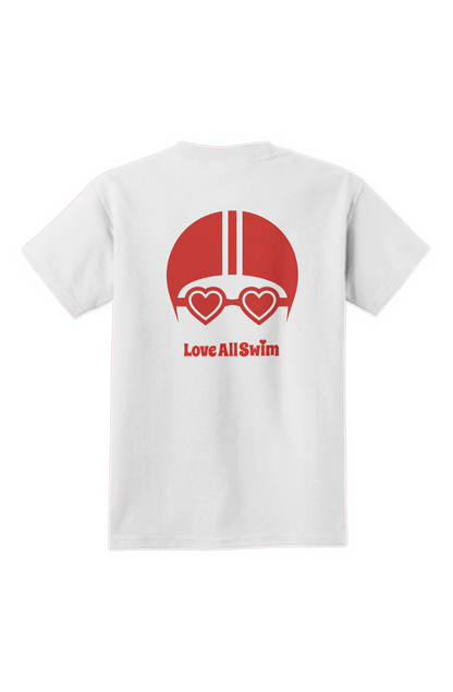 White t-shirt with red graphic design on a white background