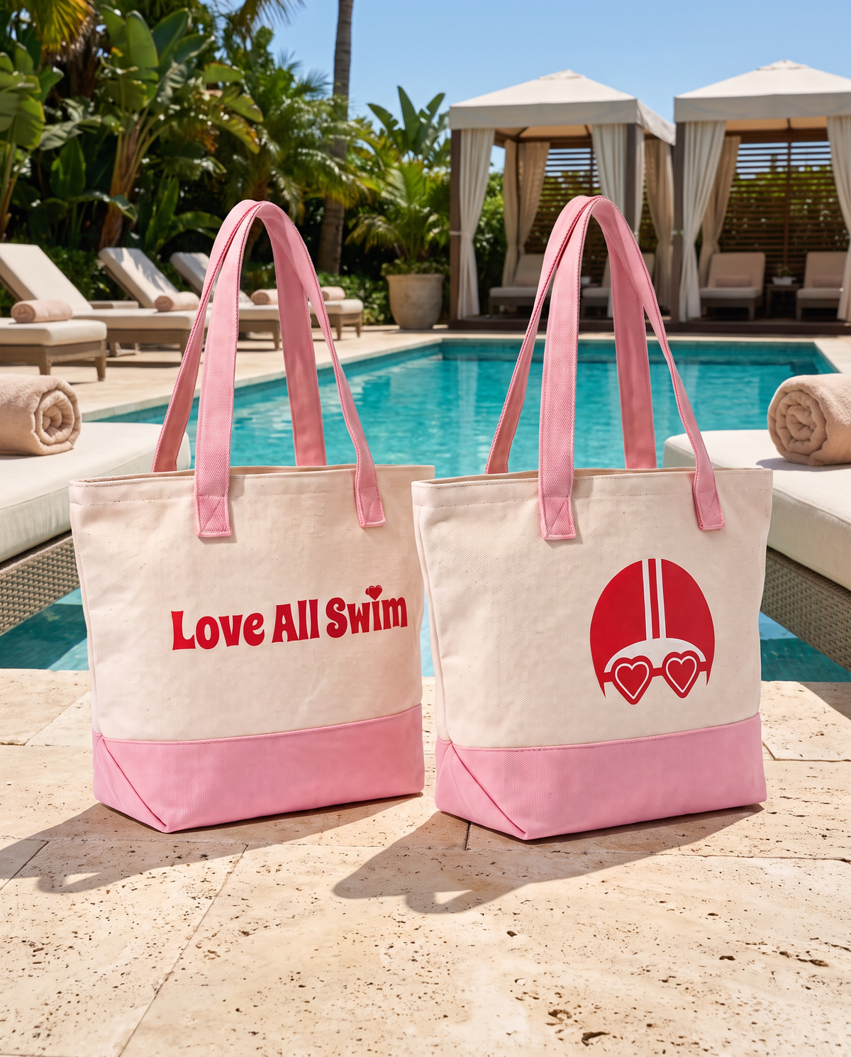 Two pink and tan canvas totes featuring a red logo of a swim cap and heart goggles logo and text reading "Love All Swim" by a pool