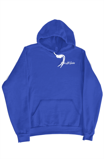 Blue hoodie with a white logo on a white background
