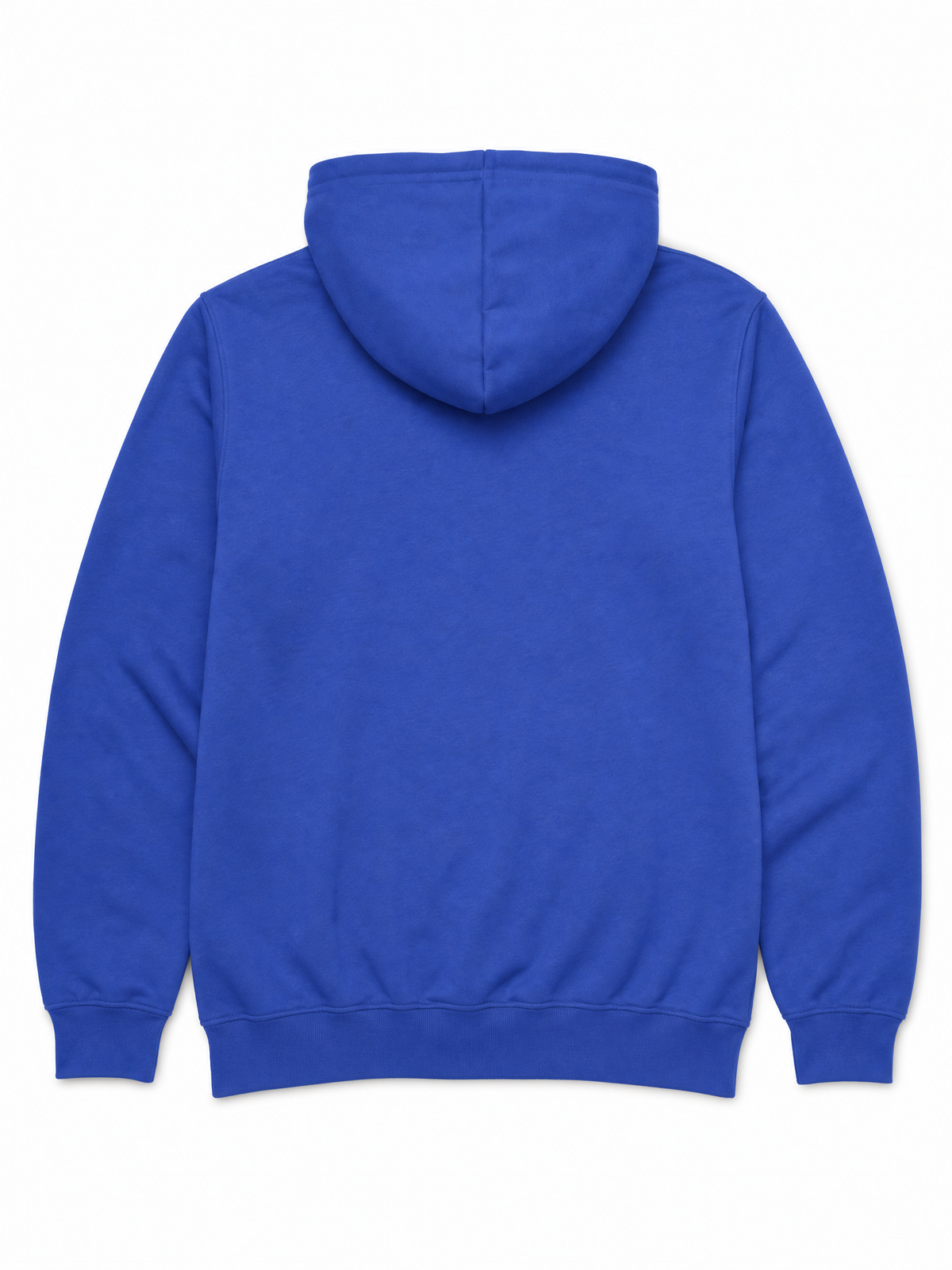 A royal blue pullover hoodie shown from the back, photographed flat against a solid white background.
