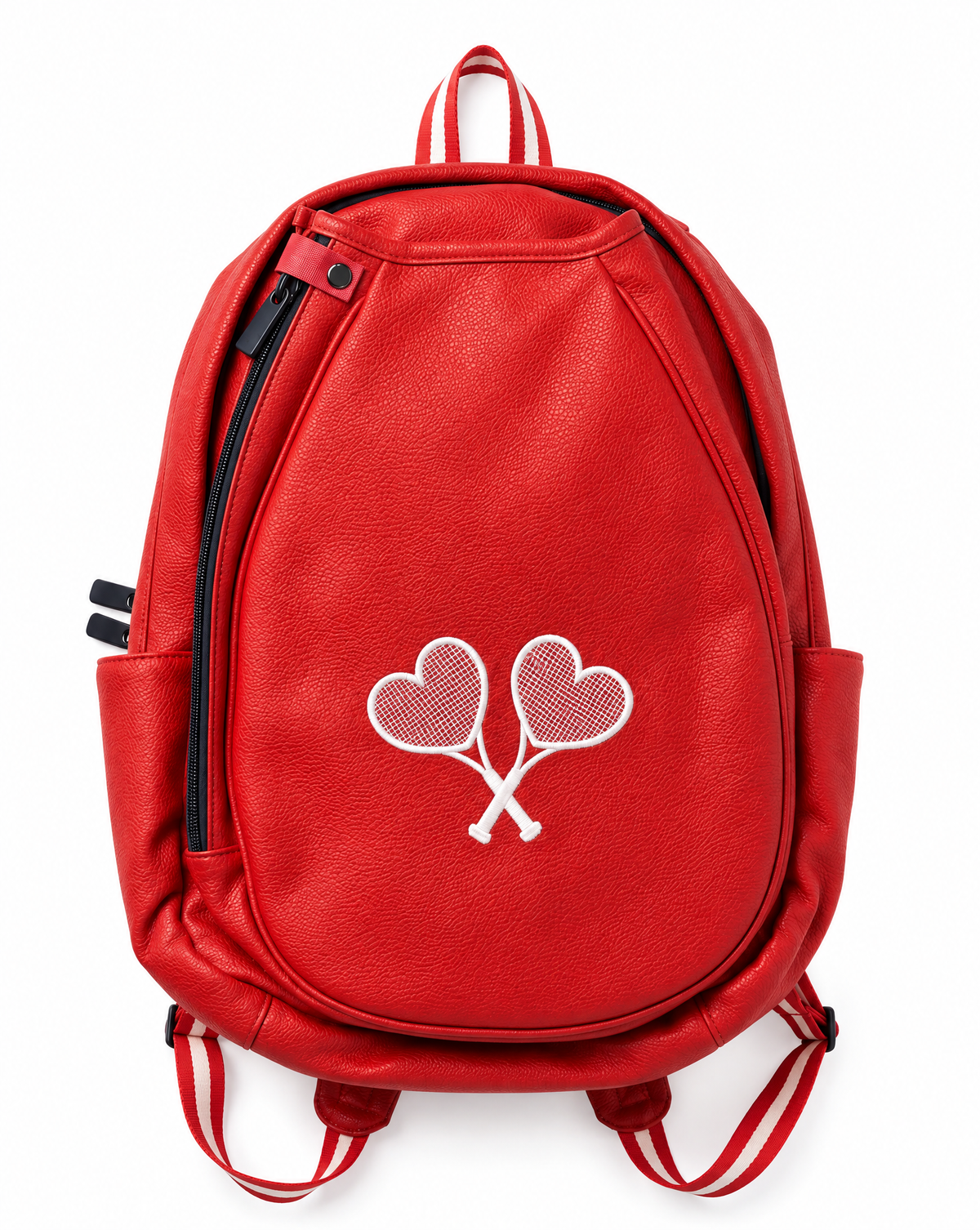 A red leather backpack with a white embroidered design of two heart-shaped tennis rackets crossed in the center, shown against a plain white background.