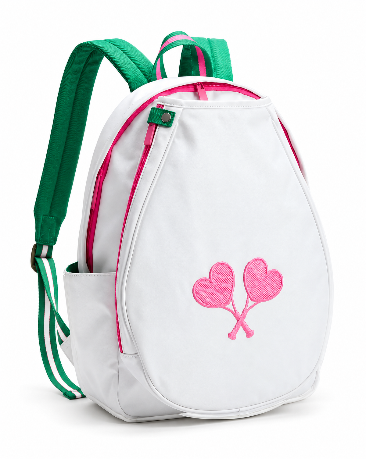 A white tennis-style backpack with bright green shoulder straps, pink zipper trim, and a pink embroidered design of two crossed tennis rackets with heart-shaped heads on the front, shown on a white background.