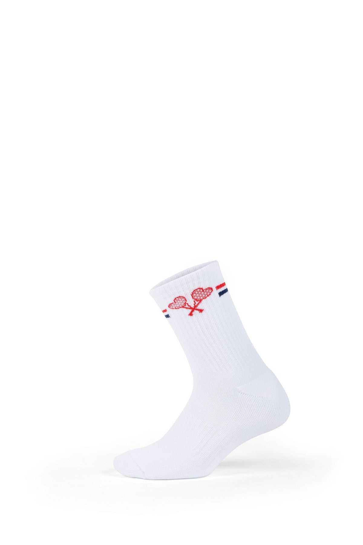 White sock with a red and blue logo on a white background