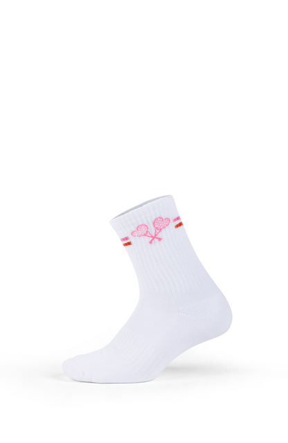 White sock with pink and red design on a white background