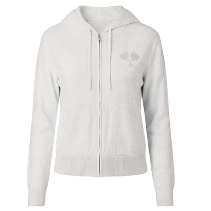Light gray zip-up hoodie with a small design on the chest against a white background