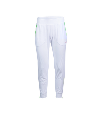 White pants with green accents on a white background