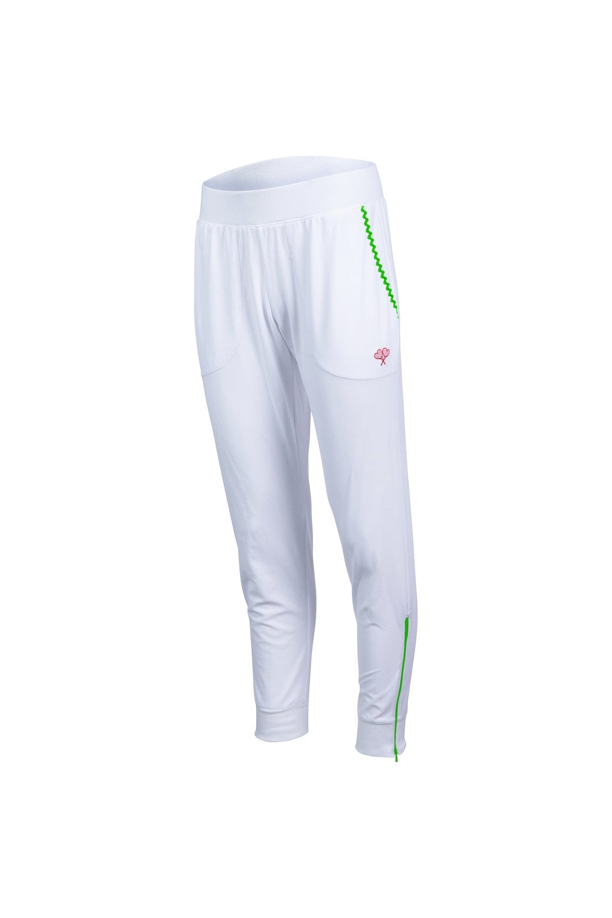 White athletic pants with a green stripe on a white background