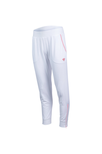 White pants with a small red logo on a white background
